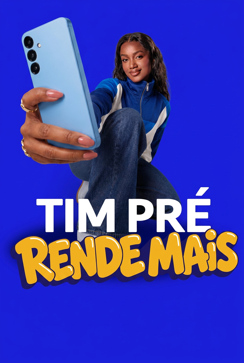 Jovem sorrindo segurando um celular TIM PRÉ Rende Mais